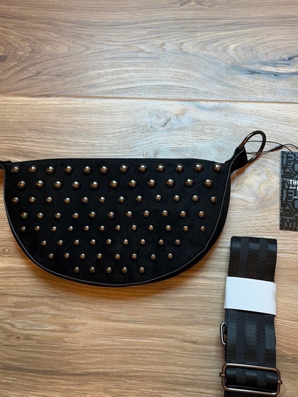 THINK ROYLN Black Studded Crescent Crossbody Bag with Detachable Strap